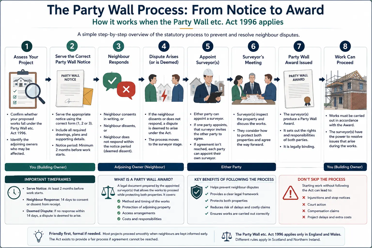 Do I Need a Party Wall Agreement? An infographic showing the party wall process from notice to award in a very interactive way for the citizens living in Islington, UK