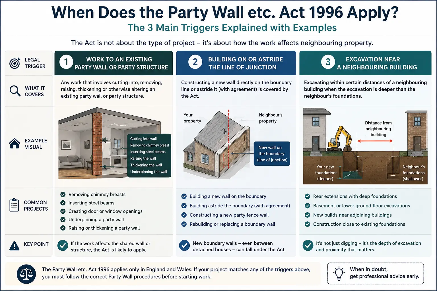 Do I Need a Party Wall Agreement? An infographic showing when does the party wall etc act 1996 apply like excavation, junction, painting, in Islington, UK